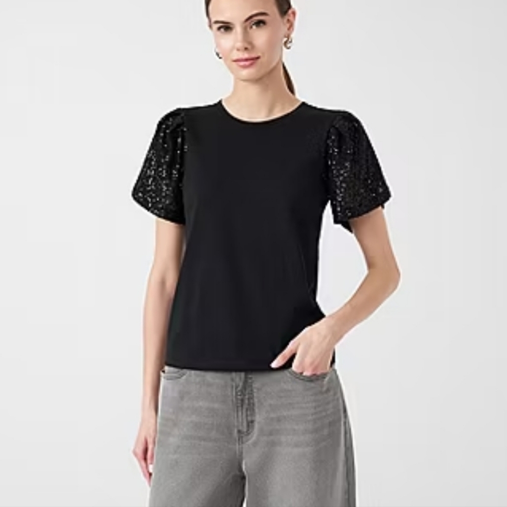 Rebecca Minkoff Timeless Black Crew Neck Top with Sequin Sleeves Size 3X